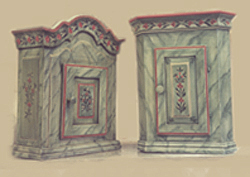 två
                        fantasi marmorerade skåp med dekor i rött.